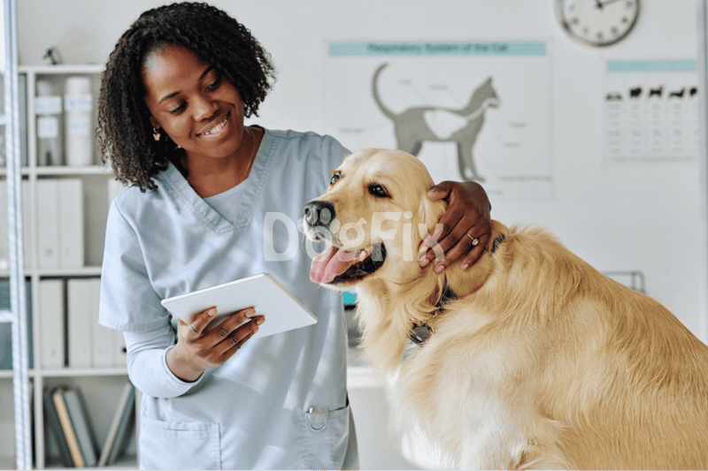 Veterinary vet caring for golden retriever dog in clinic, animal health, pet care, dog treatment, vet services.