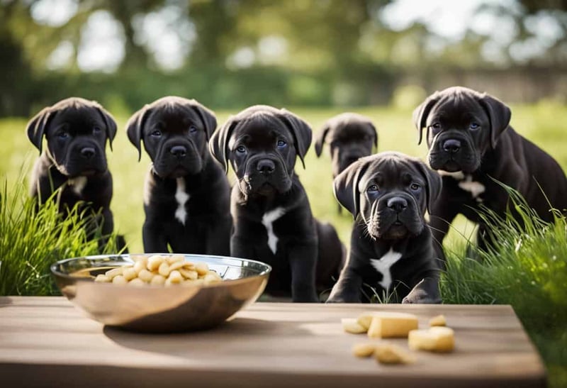 Cute black puppies with white chest patches looking at food dish.