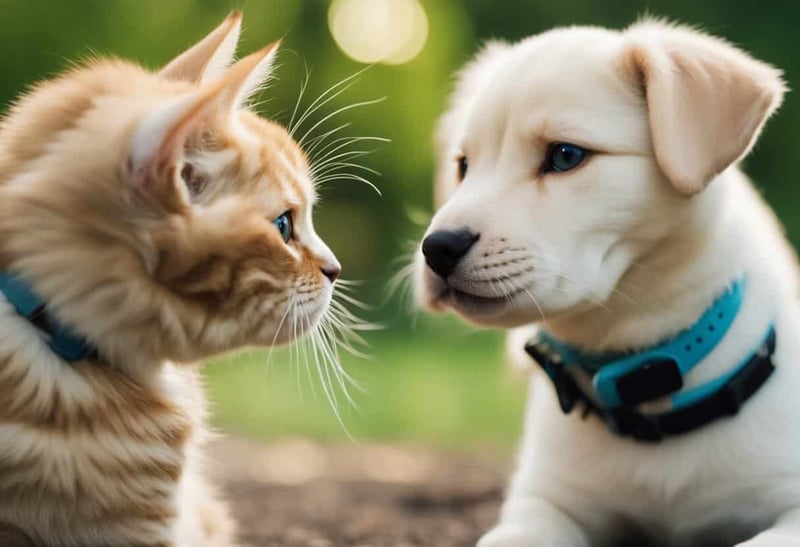 Adorable puppy and kitten meeting for the first time, showcasing pet friendship and companionship.