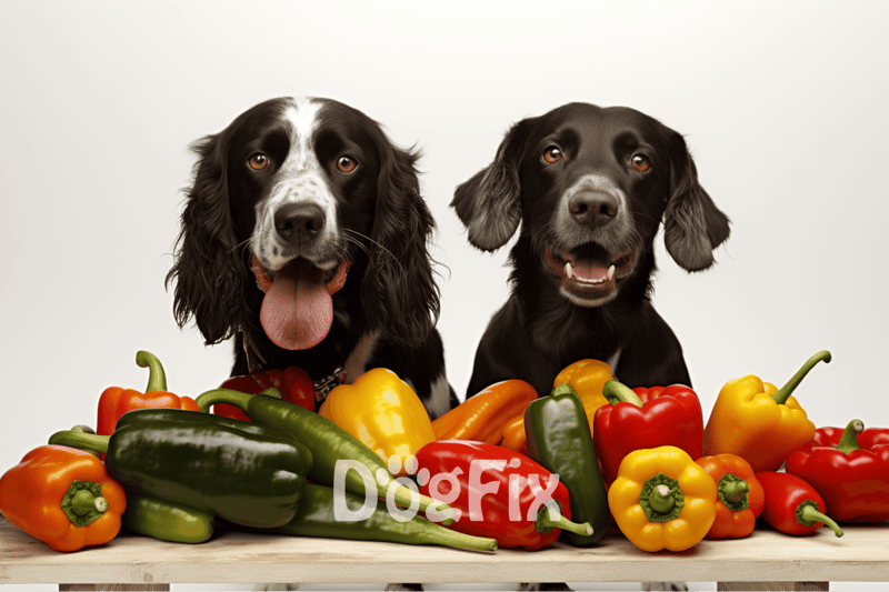 Adorable dogs with colorful peppers for healthy pet lifestyle.