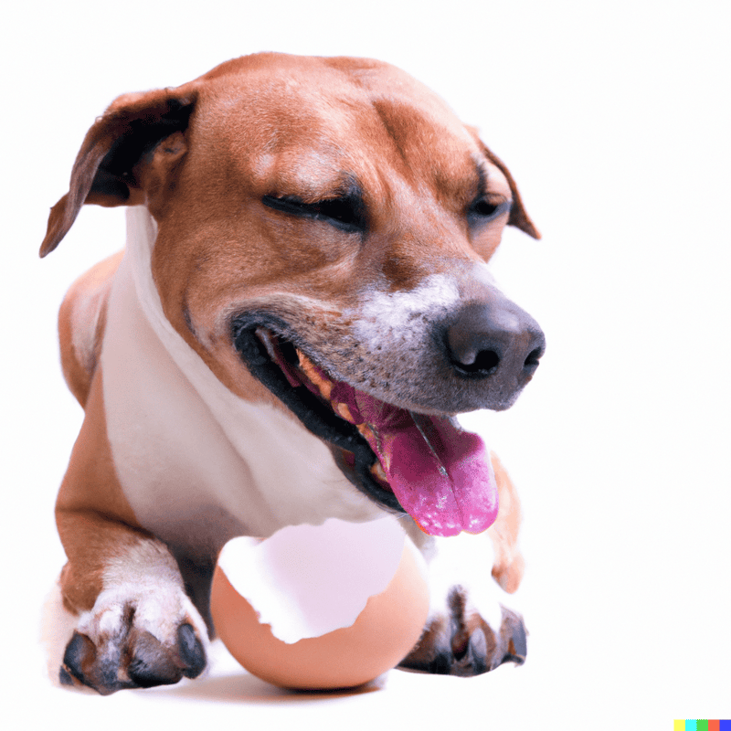 Dog playing with an eggshell, cheerful and energetic pet.