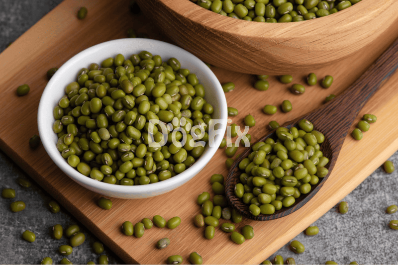 Bright green mung beans in bowls and spoon, ideal ingredients for nutritious dog diets.