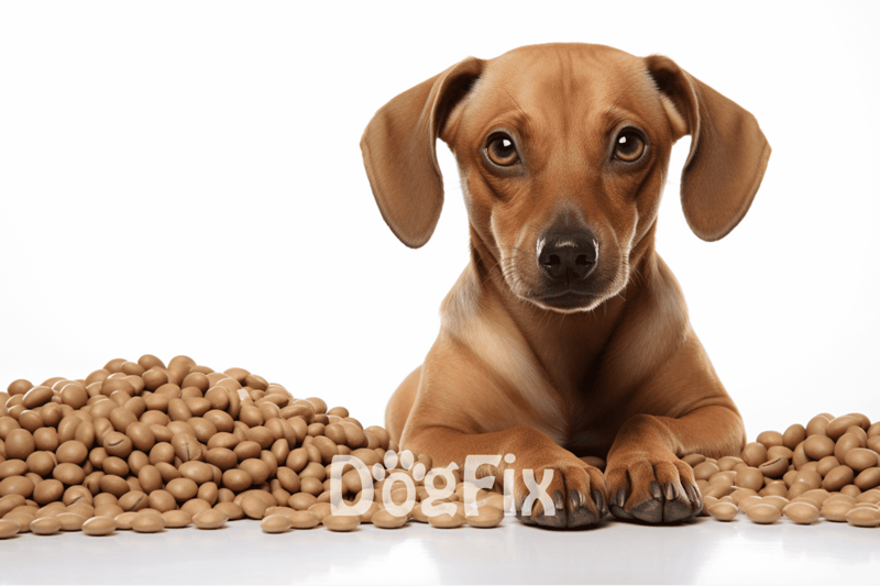 Dog sitting among soybeans with a curious expression.