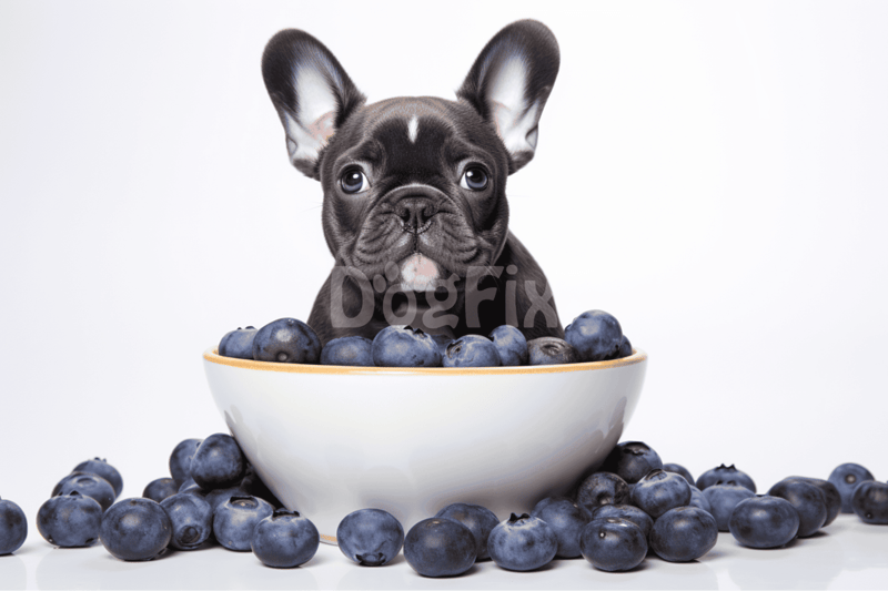 Adorable French Bulldog puppy sitting in a bowl filled with blueberries, emphasizing healthy dog snacks and pet nutrition.