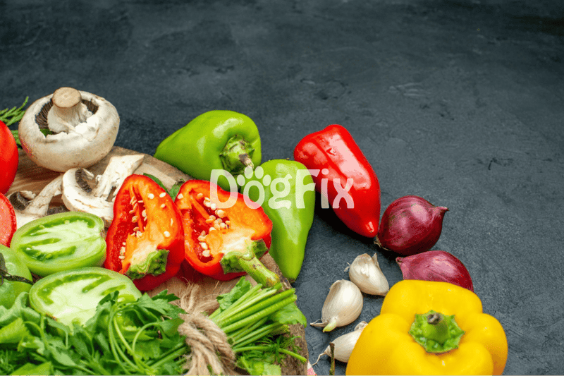 Delicious vegetables like bell peppers, mushrooms, garlic, and herbs for a nutritious dog-friendly meal.