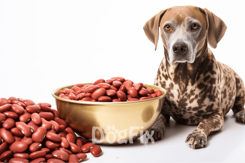 Dog with bowl of red beans, promoting healthy pet diet, nutrition tips for dogs.