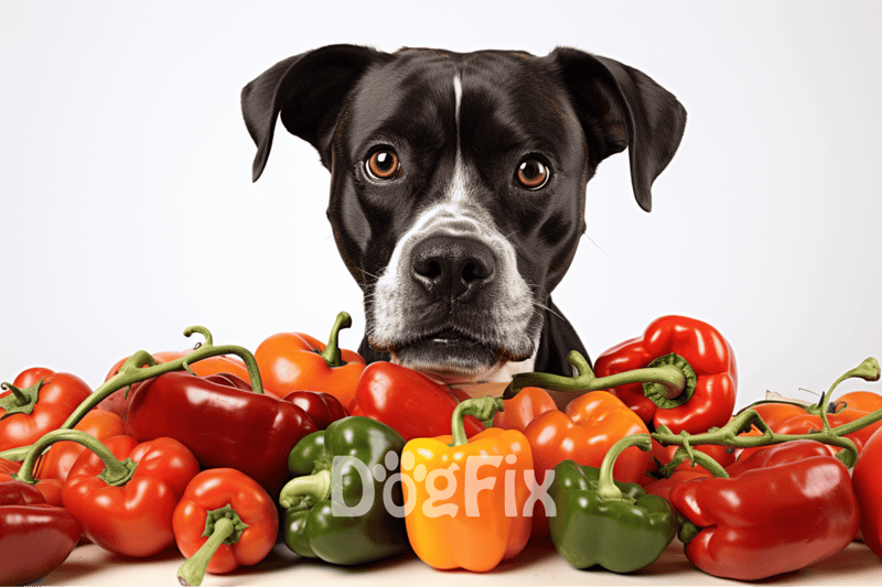 Dog with bell peppers, healthy dog food, canine diet, nutrition, pet wellness.