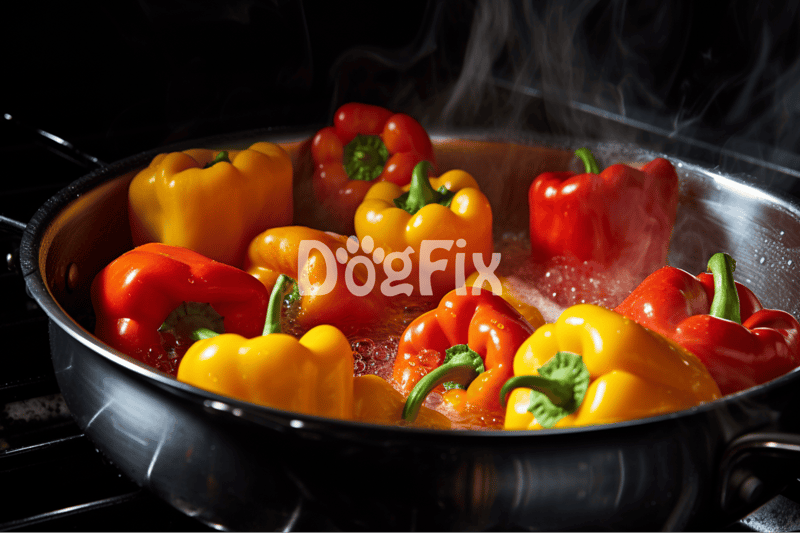 Bright red and yellow bell peppers steaming in a skillet, ideal for nutritious dog meals.