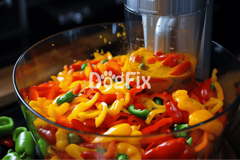Brightly colored bell peppers in a food processor for healthy dog food recipes, promoting optimal nutrition and taste.