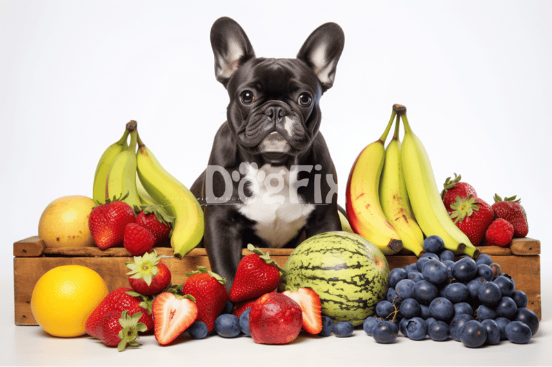 Dog sitting among fresh bananas, strawberries, blueberries, and watermelon.
