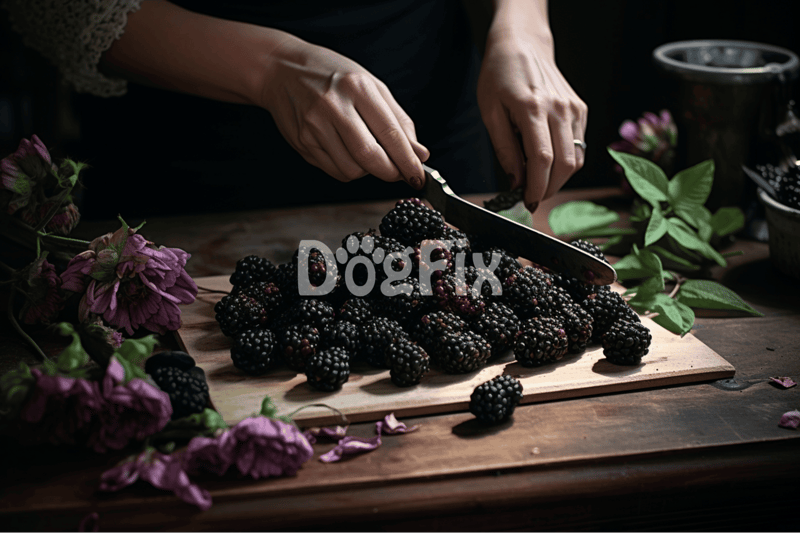 Blackberries being sliced on a wooden board with flowers and herbs around, emphasizing healthy pet treats.