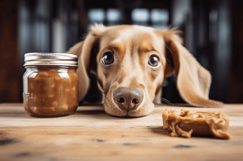 Dog treats on wooden floor with puppy.
