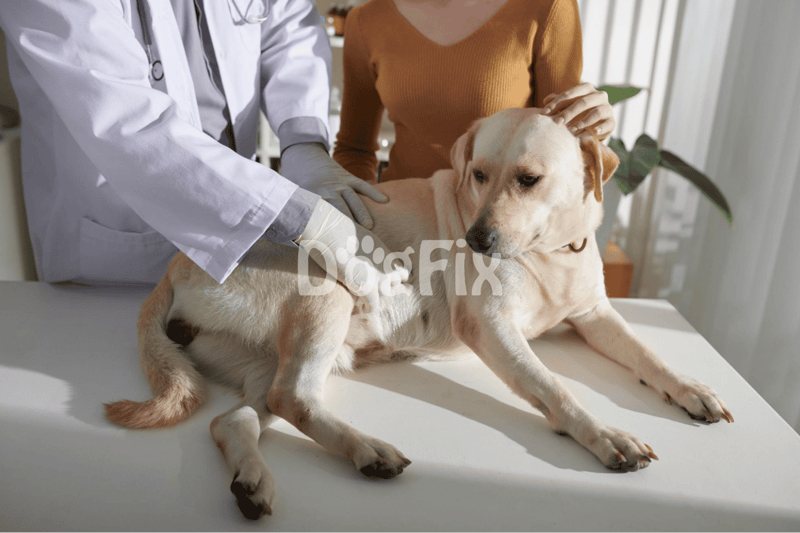 A veterinarian conducts a health exam on a Labrador Retriever dog at a veterinary clinic.