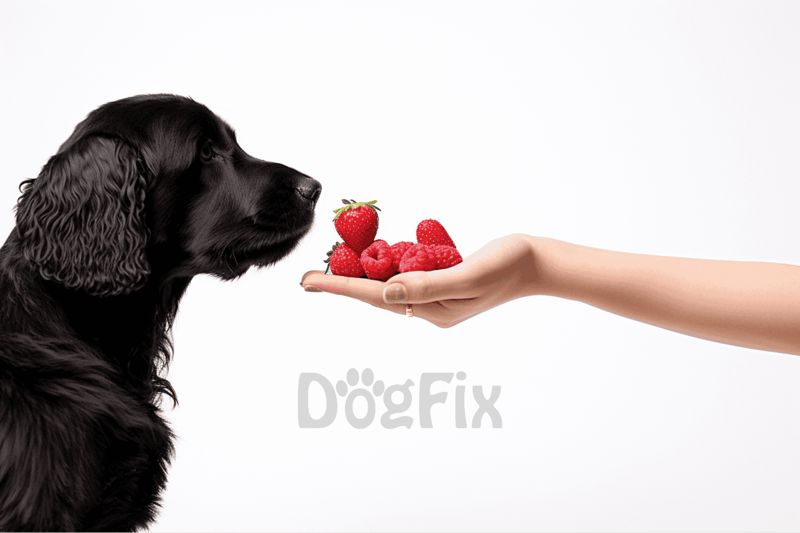 Dog and hand with strawberries, raspberries, and raspberries on white background.