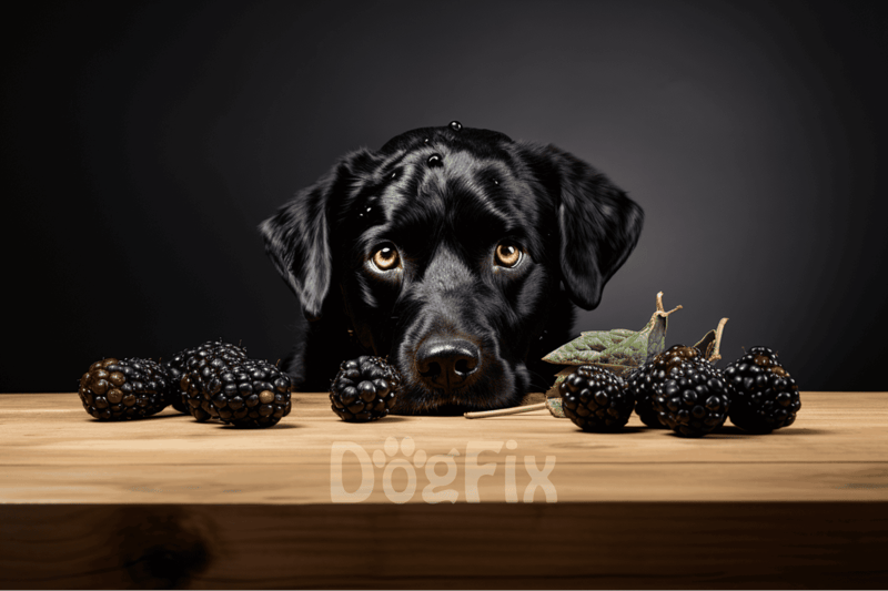 Adorable black Labrador dog with curious eyes, surrounded by fresh blackberries on a rustic wooden surface, dark studio setting.