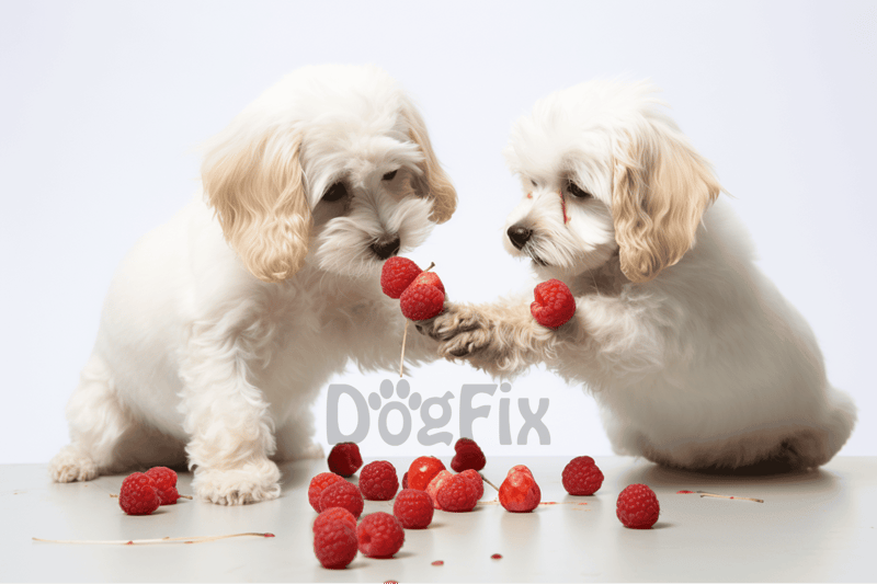 Adorable puppies with raspberries, supporting pet health and nutrition.