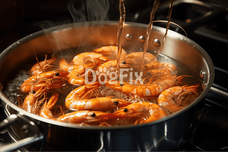 Fresh shrimp boiling in a stainless skillet, steaming hot with bubbles and aromatic vapor.