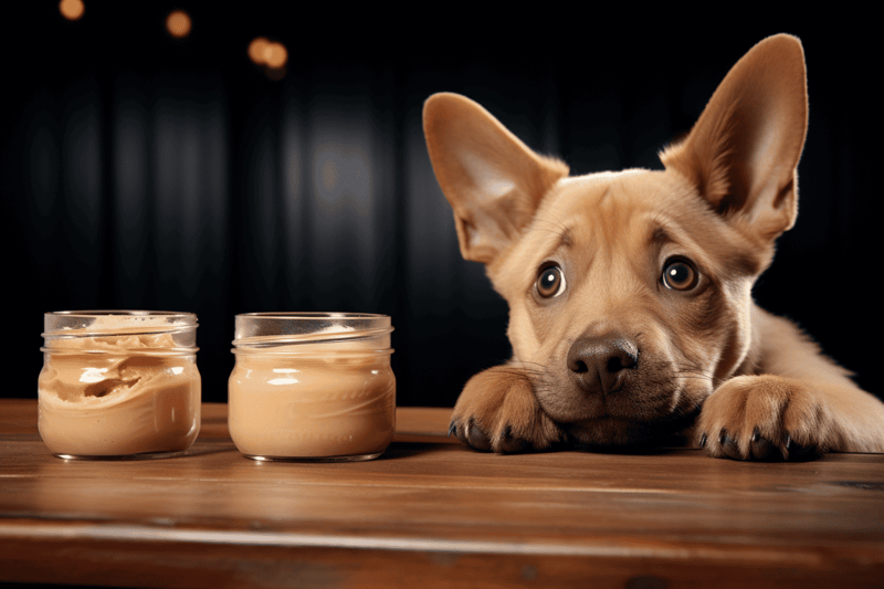 Cute puppy with jars of peanut butter treats on a wooden table.