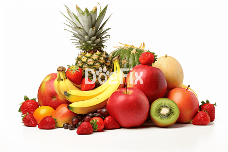 A colorful assortment of fresh fruits including pineapple, bananas, apples, strawberries, and kiwi.