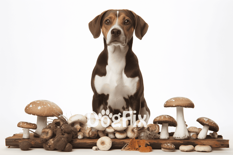 Dog with mushrooms and fungi foraging, showcasing outdoor pet safety and mushroom identification tips.