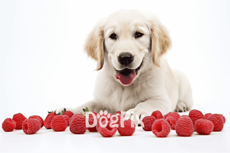 Cute retriever puppy with fresh raspberries on a white background for dog health and nutrition.