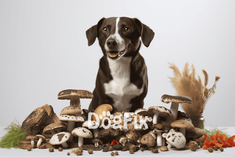 Dog with mushrooms, foraging, natural environment, fungi safety, dog wellness SEO.