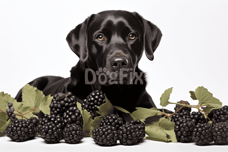 Dog with fresh blackberries and foliage for healthy treats scene.