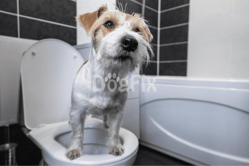 Adorable dog standing inside a bathroom toilet, ready for grooming or checkup.