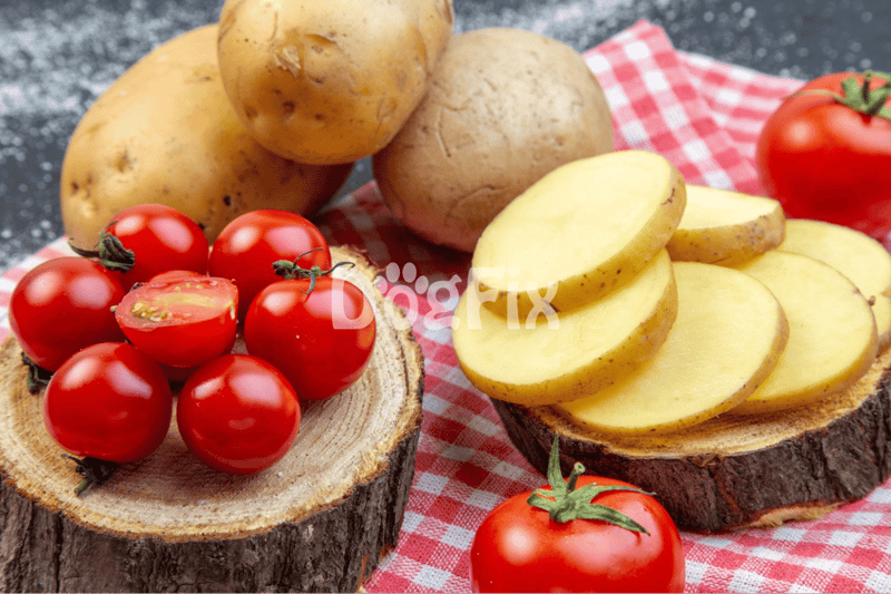 Organic potatoes and cherry tomatoes on rustic wood with red checkered cloth.