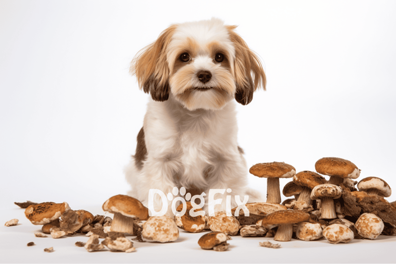 Adorable puppy sitting among wild mushrooms, ideal for pet care and dog health content.