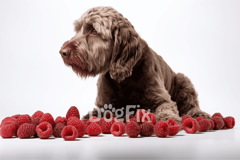 Dog sitting with fresh raspberries, promoting healthy dog treats and pet nutrition.