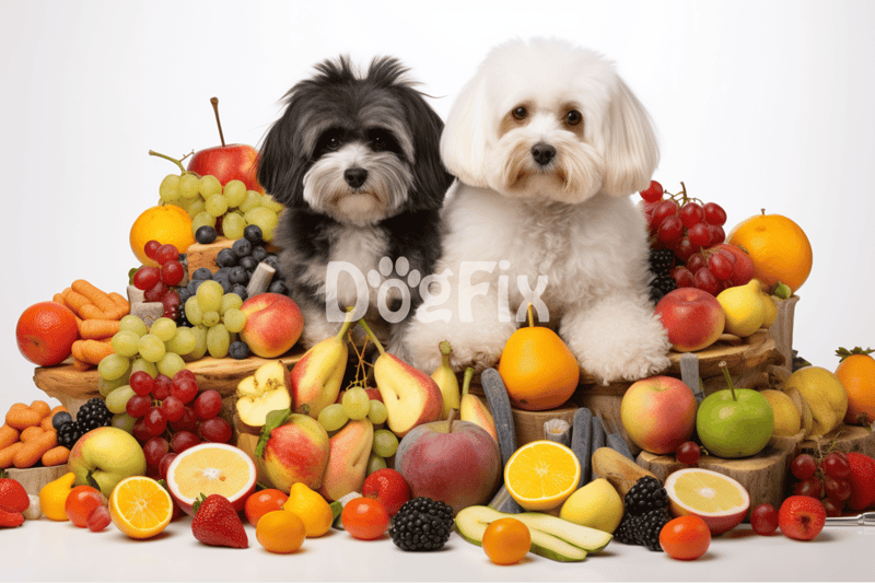 Vibrant fruit arrangement with adorable puppies for healthy pet treats.