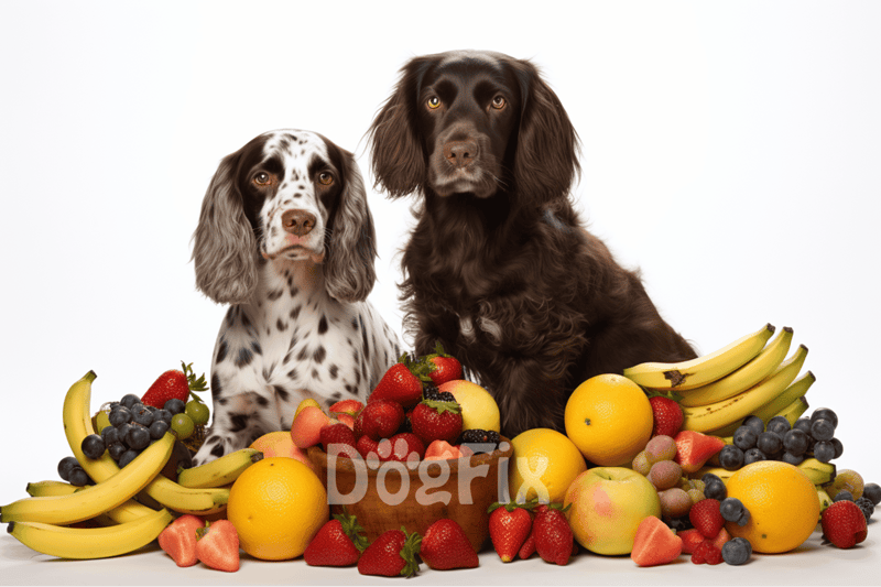 Adorable dogs surrounded by fresh fruits for a healthy diet.