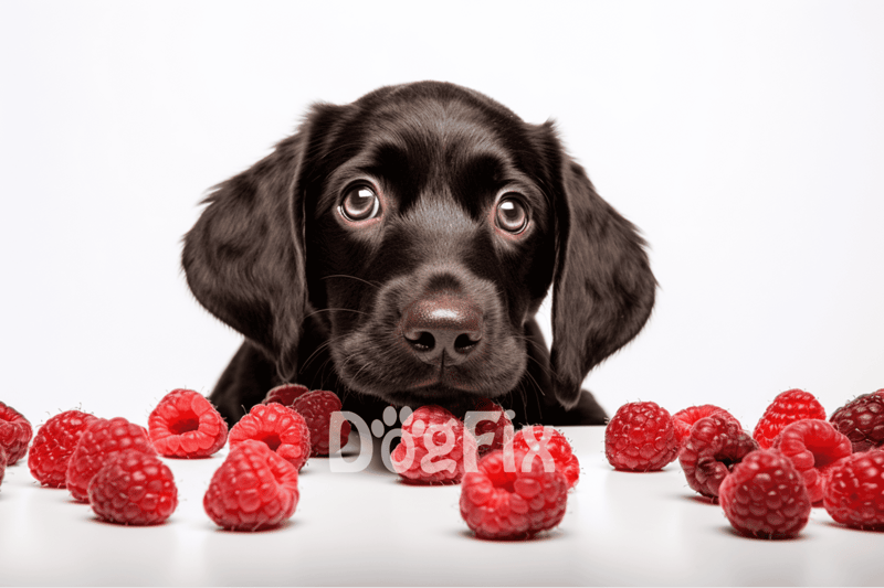 Cute black Labrador puppy with wide eyes surrounded by fresh raspberries on a white background.