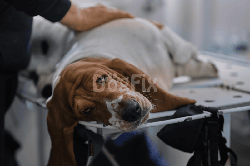 Dog on examination table at vet clinic, receiving care and comfort.