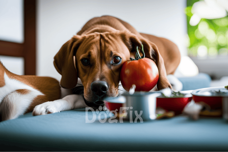 Cute dog lying near food bowls with an apple on its face.