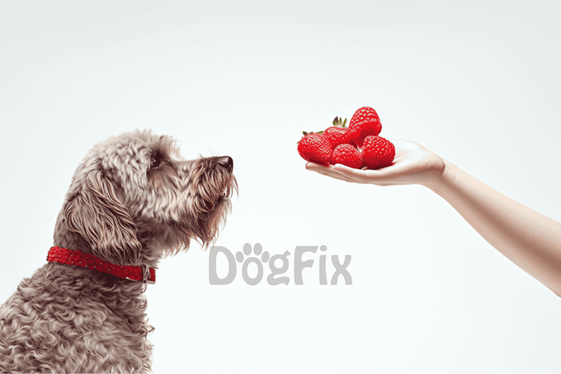 Alt text: Dog looking at a hand holding fresh strawberries, highlighting pet treats and healthy food for dogs.