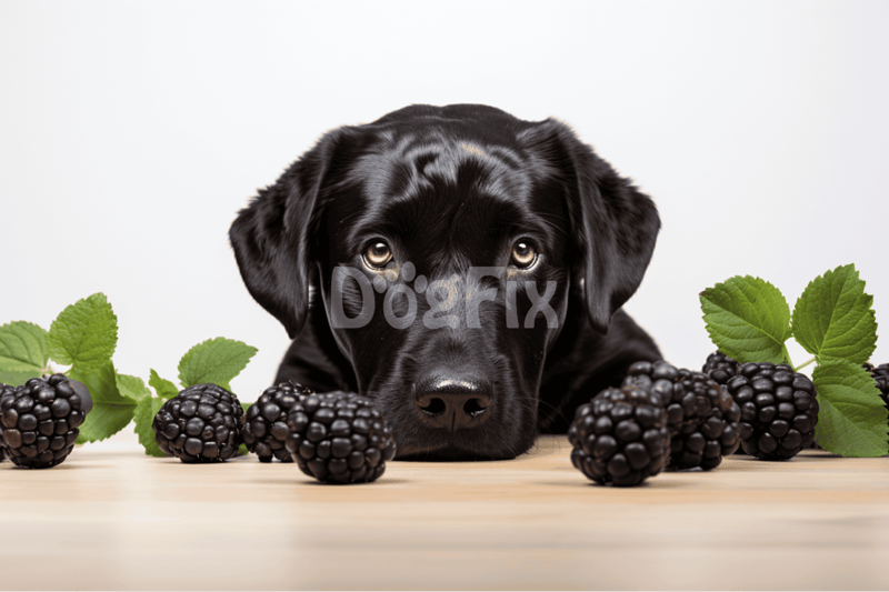 Dog with fresh blackberries and green leaves on wooden surface.