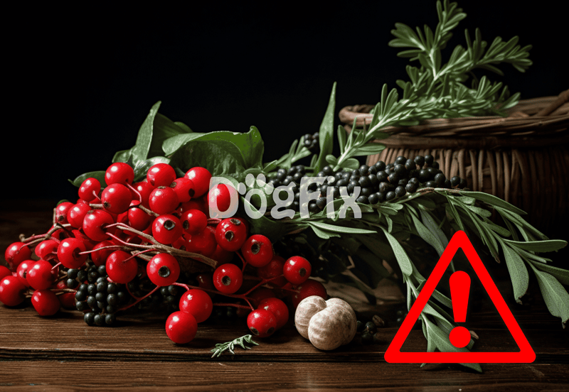 Warning: Berries that are toxic to dogs, such as red and black berries, shown in the image.