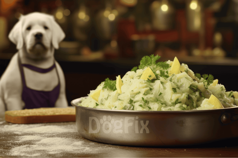 Cute Labrador puppy sitting at kitchen counter with fresh cabbage salad.