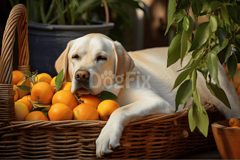 Labrador dog lying on a basket of fresh oranges, surrounded by lush greenery. Perfect for dog care and pet wellness themes.