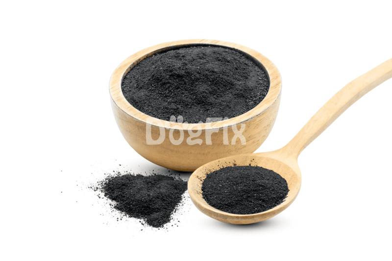 Natural charcoal powder for dog health and detoxification, safe for pet grooming and digestion.