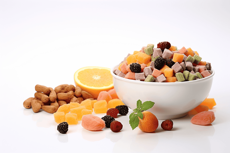 Colorful dog-friendly fruit and snack treats, with berries, citrus, and dried fruits, for healthy dog snacks.