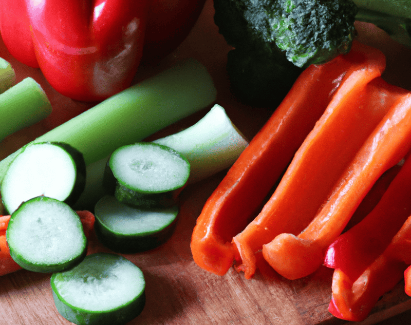 Colorful sliced vegetables including cucumber, bell peppers, broccoli, and carrots.