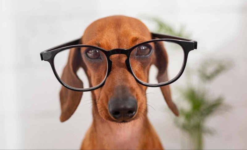 Adorable dog with black eyeglasses, playful pet accessories for dog lovers and pet fashion.