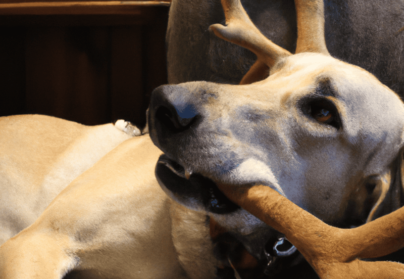 Playful dog enjoying a chew toy and antler, showcasing pet care and fun activities.