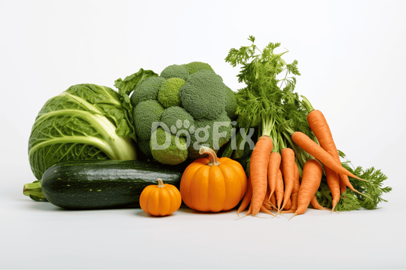 A variety of fresh vegetables including broccoli, carrots, zucchini, and greens, promoting healthy diet options for pets and owners alike.