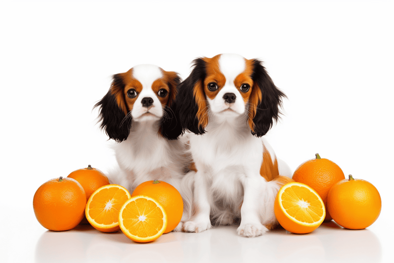 Dogs with oranges.