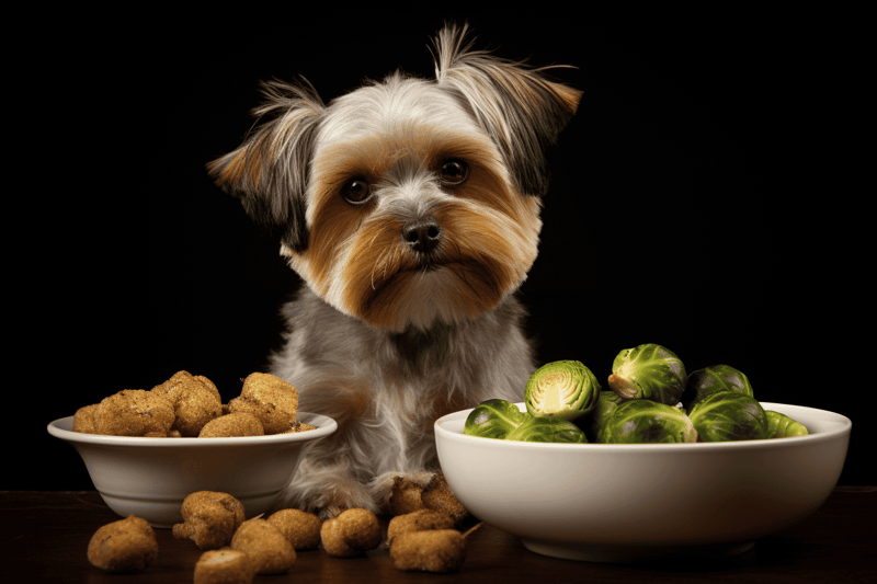 Cute small dog with bowls of Brussels sprouts and chicken nuggets, promoting healthy canine nutrition.