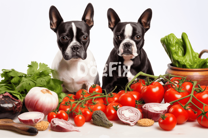 Adorable Boston Terriers next to fresh vegetables and tomatoes, emphasizing nutritious, vet-recommended dog food.